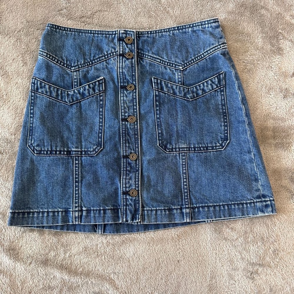 Free People Blue Denim Button-Front Mini Skirt